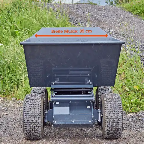 Elektro-Raddumper HD50E, 500 kg Fassungsvermögen, Bergmann, Leergewicht 240 kg, Nutzlast 500 kg, sehr kleiner Wenderadius, stabiler Kippmechanismus, optional mit elektrischer Kippmulde, Batterielaufzeit 8 Stunden, Batteriekapazität 2.5 kWh, robuste Konstruktion, optional mit Anhängerkupplung, optional mit Ladepritsche und Steckrungen, Breite mit breiter Mulde 85 cm