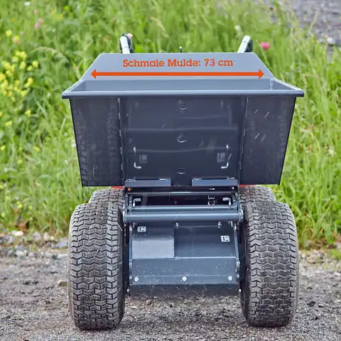 Elektro-Raddumper HD50E, 500 kg Fassungsvermögen, Bergmann, Leergewicht 240 kg, Nutzlast 500 kg, sehr kleiner Wenderadius, stabiler Kippmechanismus, optional mit elektrischer Kippmulde, Batterielaufzeit 8 Stunden, Batteriekapazität 2.5 kWh, robuste Konstruktion, optional mit Anhängerkupplung, optional mit Ladepritsche und Steckrungen, Breite mit schmaler Mulde 73 cm