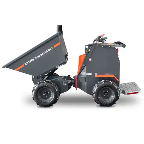 Dumper sur pneus électro HD80E, Bergmann, charge utile 800 kg, puissance du moteur 2.8 kW, Capacité de chargement 0.58 m3, autonomie de la batterie 8 heures, largeur 0.88 m