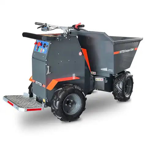 Dumper sur pneus électro HD80E, Bergmann, charge utile 800 kg, puissance du moteur 2.8 kW, Capacité de chargement 0.58 m3, autnomie de la batterie 8 heures, largeur 0.88 m, Haute capacité de charge, De construction robuste, Direction assistée, Benne à déversement hydraulique