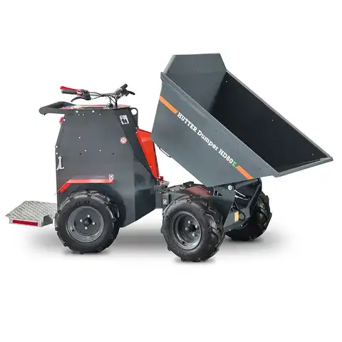 Dumper sur pneus électro HD80E, Bergmann, charge utile 800 kg, puissance du moteur 2.8 kW, Capacité de chargement 0.58 m3, autnomie de la batterie 8 heures, largeur 0.88 m, Haute capacité de charge, De construction robuste, Direction assistée, Benne à déversement hydraulique, Quatre roues motrices