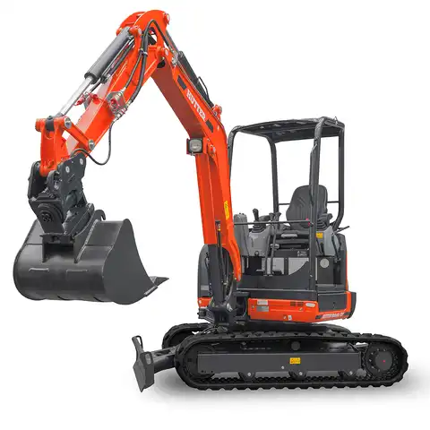 Mini pelle HUTTER Kubota u27, poids toit 2565 kg, puissance du moteur 21.2 CV, aved godetm, Balancier long de série, Déport arrière nul, Instruments de bord digitaux, Système antivol, Siège semi suspendu réglable