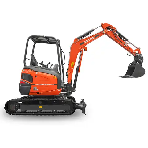 Mini pelle HUTTER Kubota u27, poids toit 2565 kg, puissance du moteur 21.2 CV, aved godetm, Balancier long de série, Déport arrière nul, Instruments de bord digitaux, Système antivol, Siège semi suspendu réglable, Avec commande proportionelle
