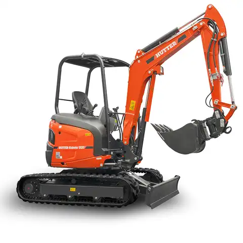 Mini pelle HUTTER Kubota u27, poids toit 2565 kg, puissance du moteur 21.2 CV, aved godetm, Balancier long de série, Déport arrière nul, Instruments de bord digitaux, Système antivol, Siège semi suspendu réglable, Avec commande proportionelle