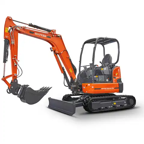 Kleinbagger HUTTER Kubota U36, Raupenbagger, Kurzheck, Gewicht 3.6 Tonnen, mit Dach oder Kabine, 24.2 PS Motorleistung, mit Löffel, Planierlöffelsteuerung im Joystick