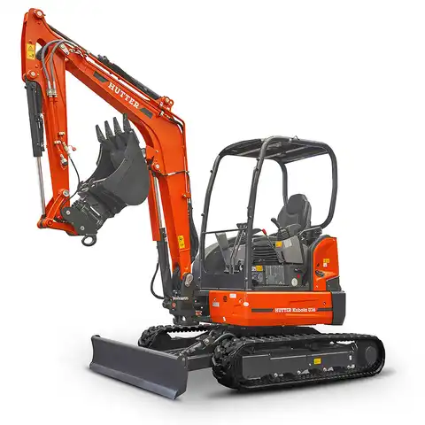Kleinbagger HUTTER Kubota U36, Raupenbagger, Kurzheck, Gewicht 3.6 Tonnen, mit Dach oder Kabine, 24.2 PS Motorleistung,  mit Löffel, Planierlöffelsteuerung im Joystick