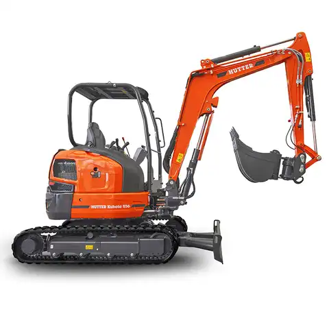 Kleinbagger HUTTER Kubota U36, Raupenbagger, Kurzheck, Gewicht 3.6 Tonnen, mit Dach oder Kabine, 24.2 PS Motorleistung,  mit Löffel, Planierlöffelsteuerung im Joystick