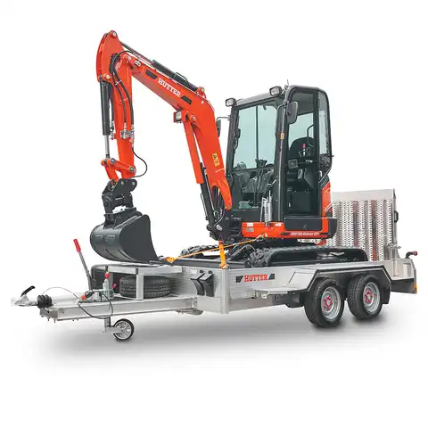 Mini pelle HUTTER Kubota u27, poids toit 2565 kg, puissance du moteur 21.2 CV, aved godetm, Balancier long de série, Déport arrière nul, Instruments de bord digitaux, Système antivol, Siège semi suspendu réglable, Avec commande proportionelle, auto-shift, largeur 150 cm, généreux espace pour les jambes pour un confort maximum du machiniste, plus grande pelle transportable sur remorque