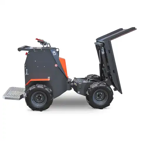 Dumper sur pneus électro HD80E, Bergmann, charge utile 800 kg, puissance du moteur 2.8 kW, Capacité de chargement 0.58 m3, autnomie de la batterie 8 heures, largeur 0.88 m, Haute capacité de charge, De construction robuste, Direction assistée, Benne à déversement hydraulique, Quatre roues motrices, Passe sans peine de petits obstacles, Équipements spéciaux : plateau de chargement, montants
