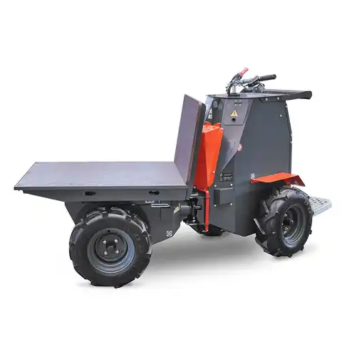 Dumper sur pneus électro HD80E, Bergmann, charge utile 800 kg, puissance du moteur 2.8 kW, Capacité de chargement 0.58 m3, autnomie de la batterie 8 heures, largeur 0.88 m, Haute capacité de charge, De construction robuste, Direction assistée, Benne à déversement hydraulique, Quatre roues motrices, Passe sans peine de petits obstacles, Équipements spéciaux : plateau de chargement, montants