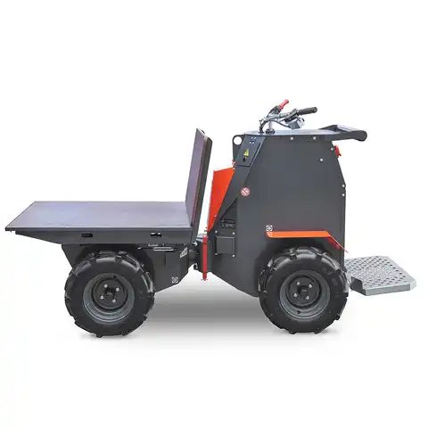 Dumper sur pneus électro HD80E, Bergmann, charge utile 800 kg, puissance du moteur 2.8 kW, Capacité de chargement 0.58 m3, autnomie de la batterie 8 heures, largeur 0.88 m, Haute capacité de charge, De construction robuste, Direction assistée, Benne à déversement hydraulique, Quatre roues motrices, Passe sans peine de petits obstacles, Équipements spéciaux : plateau de chargement, montants, Petit rayon de braquage, Peut être aisément rechargé