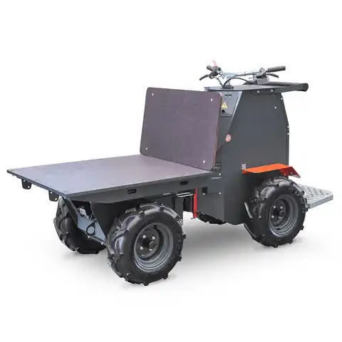 Dumper sur pneus électro HD80E, Bergmann, charge utile 800 kg, puissance du moteur 2.8 kW, Capacité de chargement 0.58 m3, autnomie de la batterie 8 heures, largeur 0.88 m, Haute capacité de charge, De construction robuste, Direction assistée, Benne à déversement hydraulique, Quatre roues motrices, Passe sans peine de petits obstacles, Équipements spéciaux : plateau de chargement, montants, Petit rayon de braquage