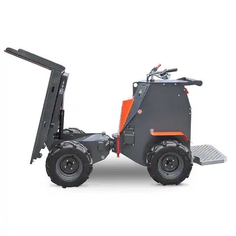Dumper sur pneus électro HD80E, Bergmann, charge utile 800 kg, puissance du moteur 2.8 kW, Capacité de chargement 0.58 m3, autnomie de la batterie 8 heures, largeur 0.88 m, Haute capacité de charge, De construction robuste, Direction assistée, Benne à déversement hydraulique, Quatre roues motrices, Passe sans peine de petits obstacles, Équipements spéciaux : plateau de chargement, montants