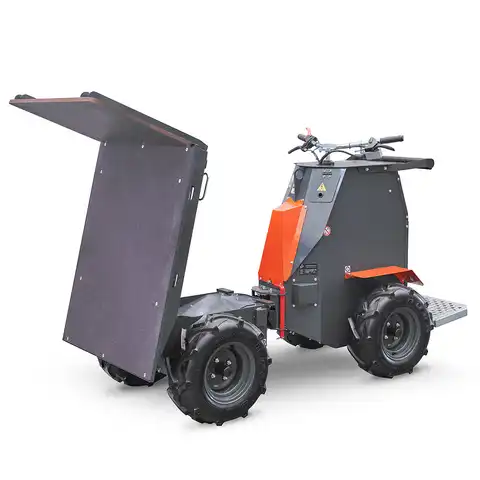 Dumper sur pneus électro HD80E, Bergmann, charge utile 800 kg, puissance du moteur 2.8 kW, Capacité de chargement 0.58 m3, autnomie de la batterie 8 heures, largeur 0.88 m, Haute capacité de charge, De construction robuste, Direction assistée, Benne à déversement hydraulique, Quatre roues motrices, Passe sans peine de petits obstacles, Équipements spéciaux : plateau de chargement, montants