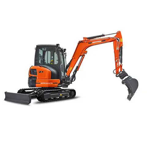 Kleinbagger HUTTER Kubota U36, Raupenbagger, Kurzheck, Gewicht 3.6 Tonnen, mit Dach oder Kabine, 24.2 PS Motorleistung, seitlich, mit Löffel, Planierlöffelsteuerung im Joystick