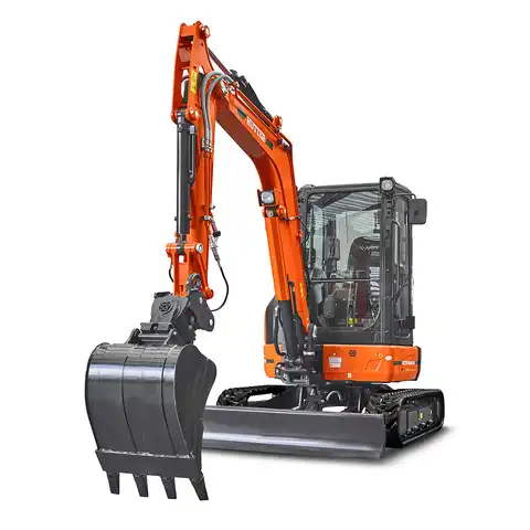 Kleinbagger HUTTER Kubota U36, Raupenbagger, Kurzheck, Gewicht 3.6 Tonnen, mit Dach oder Kabine, 24.2 PS Motorleistung, von vorne, mit Löffel, Planierlöffelsteuerung im Joystick