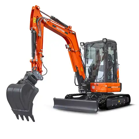 Kleinbagger HUTTER Kubota U36, Raupenbagger, Kurzheck, Gewicht 3.6 Tonnen, mit Dach oder Kabine, 24.2 PS Motorleistung, seitlich von vorne, mit Löffel, Planierlöffelsteuerung im Joystick