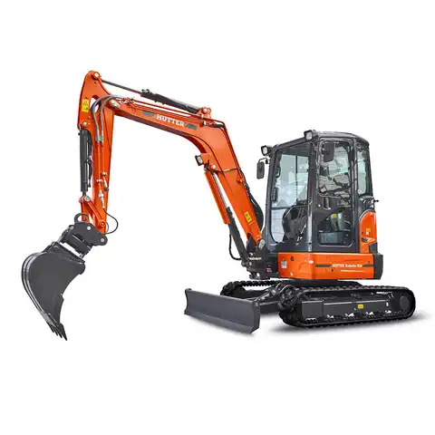 Kleinbagger HUTTER Kubota U36, Raupenbagger, Kurzheck, Gewicht 3.6 Tonnen, mit Dach oder Kabine, 24.2 PS Motorleistung, seitlich von vorne, mit Löffel, Planierlöffelsteuerung im Joystick