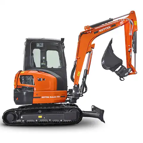 Kleinbagger HUTTER Kubota U36, Raupenbagger, Kurzheck, Gewicht 3.6 Tonnen, mit Dach oder Kabine, 24.2 PS Motorleistung, seitlich, mit Löffel, Planierlöffelsteuerung im Joystick
