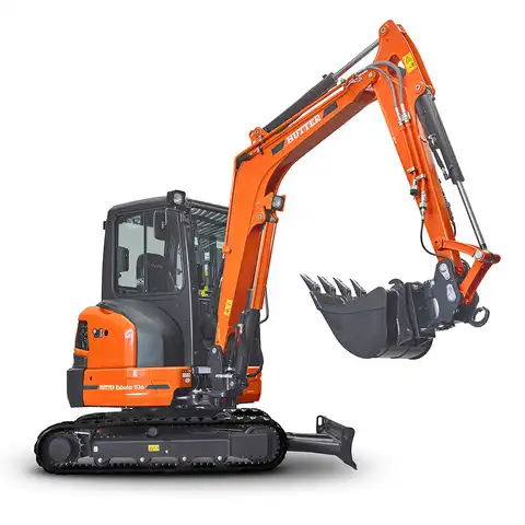 Kleinbagger HUTTER Kubota U36, Raupenbagger, Kurzheck, Gewicht 3.6 Tonnen, mit Dach oder Kabine, 24.2 PS Motorleistung, seitlich, mit Löffel, Planierlöffelsteuerung im Joystick