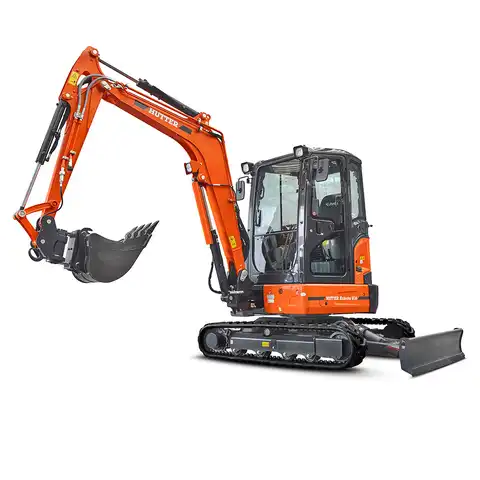 Kleinbagger HUTTER Kubota U36, Raupenbagger, Kurzheck, Gewicht 3.6 Tonnen, mit Dach oder Kabine, 24.2 PS Motorleistung, seitlich, mit Löffel, Planierlöffelsteuerung im Joystick