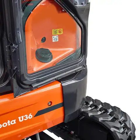 Kleinbagger HUTTER Kubota U36, Raupenbagger, Kurzheck, Gewicht 3.6 Tonnen, mit Dach oder Kabine, 24.2 PS Motorleistung, Detailfoto vom Kurzheck, mit Löffel, Planierlöffelsteuerung im Joystick