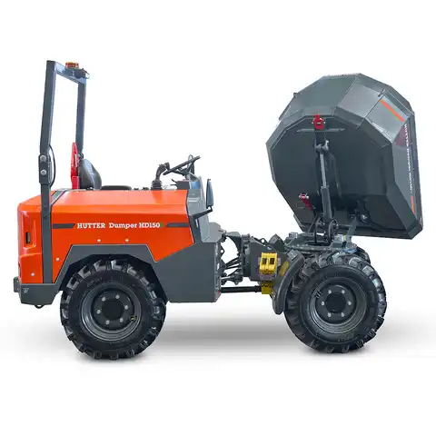 Elektro-Raddumper HD150E, 1500 kg Nutzlast, Bergmann, Batterielaufzeit 4-6 Stunden, robustes Knick-Pendel-Gelenk, hohe Steigfähigkeit, Ladevolumen gehäuft 0.85 Kubikmeter, Fahrgeschwindigkeit 18 km/h, Ausschütthöhe 61 cm