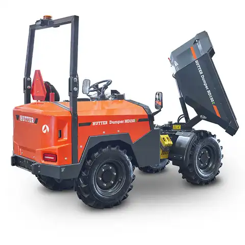 Elektro-Raddumper HD150E, 1500 kg Nutzlast, Bergmann, Batterielaufzeit 4-6 Stunden, robustes Knick-Pendel-Gelenk, hohe Steigfähigkeit, Ladevolumen gehäuft 0.85 Kubikmeter, Fahrgeschwindigkeit 18 km/h, Ausschütthöhe 61 cm