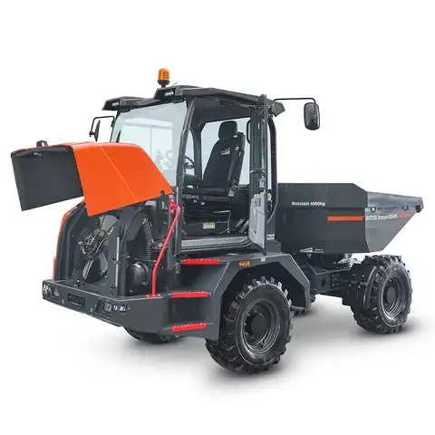 Dumper sur pneus électro HD600, Bergmann, charge utile 6000 kg, puissance du moteur 75.0 CV, volume de benne en butte 3.6 m3, vitesse de conduite max. 30 km/h, 4 phares de travail LED, Climatisation de série, Niveau de gaz d’échappement 5 sans AdBlue, Déclaration de conformité CE, largeur 2.35 m, longueur 5.08 m, diesel HVO