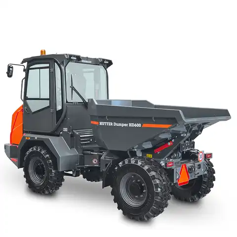 Dumper sur pneus électro HD600, Bergmann, charge utile 6000 kg, puissance du moteur 75.0 CV, volume de benne en butte 3.6 m3, vitesse de conduite max. 30 km/h, 4 phares de travail LED, Climatisation de série, Niveau de gaz d’échappement 5 sans AdBlue