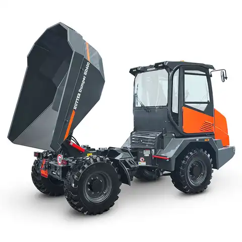 Dumper sur pneus électro HD600, Bergmann, charge utile 6000 kg, puissance du moteur 75.0 CV, volume de benne en butte 3.6 m3, vitesse de conduite max. 30 km/h, 4 phares de travail LED, Climatisation de série, Niveau de gaz d’échappement 5 sans AdBlue, Déclaration de conformité CE, largeur 2.35 m, longueur 5.08 m