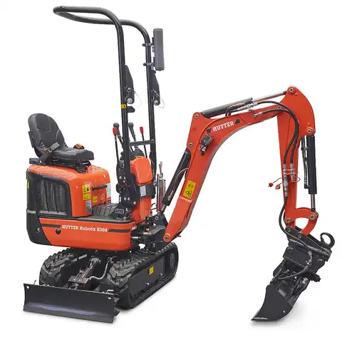 Mini-Bagger HUTTER Kubota K008, Kompaktbagger, Raupenbagger, Gewicht 1 Tonne, von der Seite, mit Löffel