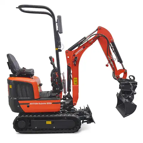 Mini-Bagger HUTTER Kubota K008, Kompaktbagger, Raupenbagger, Gewicht 1 Tonne, seitlich, mit Löffel, mit Überrollbügel, Motorleistung 10.3 PS