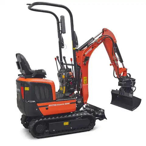 Mini-Bagger HUTTER Kubota K008, Kompaktbagger, Raupenbagger, Gewicht 1 Tonne, seitlich von hinten, mit Löffel, mit Überrollbügel, Motorleistung 10.3 PS