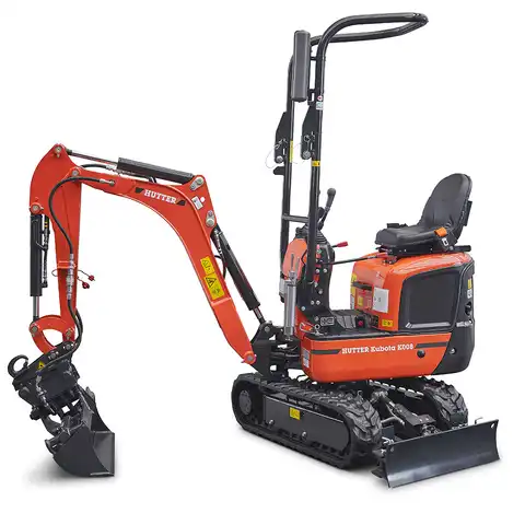 Mini-Bagger HUTTER Kubota K008, Kompaktbagger, Raupenbagger, Gewicht 1 Tonne, seitlich, mit Überrollbügel, Motorleistung 10.3 PS, beidseitiger Auf- und Abstieg