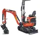 Mini-Bagger HUTTER Kubota K008, Kompaktbagger, Raupenbagger, Gewicht 1 Tonne, seitlich, mit Überrollbügel, Motorleistung 10.3 PS, beidseitiger Auf- und Abstieg