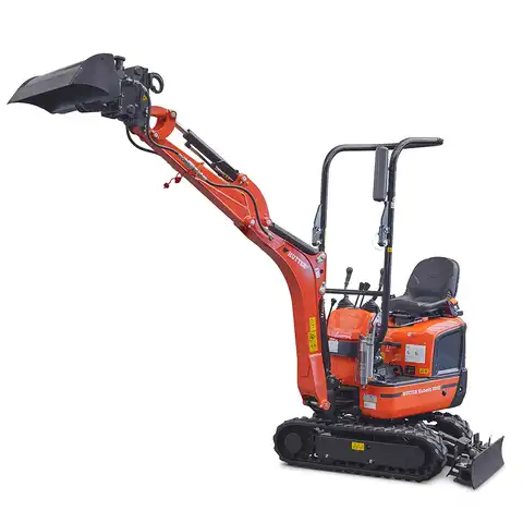 Mini-Bagger HUTTER Kubota K008, Kompaktbagger, Raupenbagger, Gewicht 1 Tonne, seitlich, mit Löffel, mit Überrollbügel, Motorleistung 10.3 PS, mit ausgestrecktem Baggerarm
