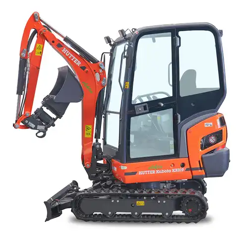 pelle électro HUTTER Kubota KX019E, poids 1943 kg, Moteur électrique 18.3 kW, durée de travauk 2.5 - 5 heures, batterie lithium-ion, Durée de vie: min. 1'500 cycles de recharge, Temps de recharge selon la tension de charge entre 3 et 10 heures, Commande aisée du godet de talutage au joystick (commande proportionnelle)