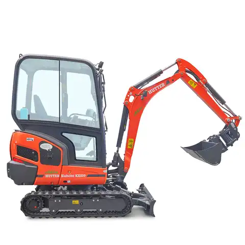 pelle électro HUTTER Kubota KX019E, poids 1943 kg, Moteur électrique 18.3 kW, durée de travauk 2.5 - 5 heures, batterie lithium-ion, Durée de vie: min. 1'500 cycles de recharge, Temps de recharge selon la tension de charge entre 3 et 10 heures, Commande aisée du godet de talutage au joystick (commande proportionnelle), Robuste et de longue durée