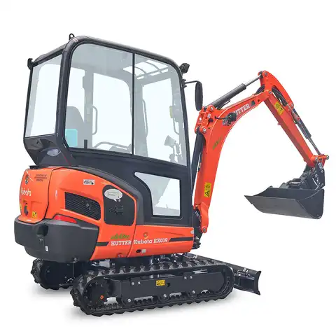 pelle électro HUTTER Kubota KX019E, poids 1943 kg, Moteur électrique 18.3 kW, durée de travauk 2.5 - 5 heures, batterie lithium-ion, Durée de vie: min. 1'500 cycles de recharge, Temps de recharge selon la tension de charge entre 3 et 10 heures, Commande aisée du godet de talutage au joystick (commande proportionnelle), Robuste et de longue durée, Instruments de bord digitaux
