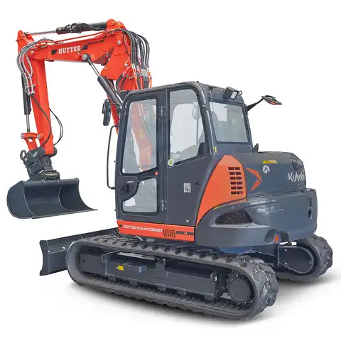 HUTTER Kubota KX085-V, Raupenbagger mittlere Gewichtsklasse, mit Verstellausleger, 9 Tonnen Gewicht, Motorleistung 66.6 PS, Kompaktbagger, geringer Heckschwenkradius, automatische Betankungsanlage, mit Trackingsystem, Klimaanlage, Lastbruchsicherung, Diebstahlsicherung, Load-Sensing-Hydrauliksystem, Grabtiefe 4.6 m, Luxuskabine mit Komfortsitz, farbiger LCD-Bildschirm, 4 Anbindeösen für Transport, von hinten