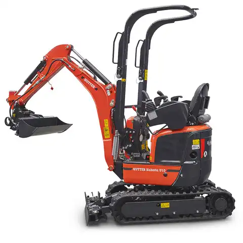Mini-Bagger HUTTER Kubota U10, Kurzheck, Raupenbagger, Gewicht 1.2 Tonnen, seitlich, mit Löffel, mit Überrollbügel, Motorleistung 10.3 PS, Schnellgangschalter