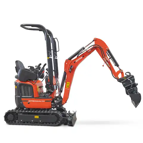 Mini-Bagger HUTTER Kubota U10, Kurzheck, Raupenbagger, Gewicht 1.2 Tonnen, von der Seite, mit Löffel, mit Überrollbügel, Motorleistung 10.3 PS, Schnellgangschalter