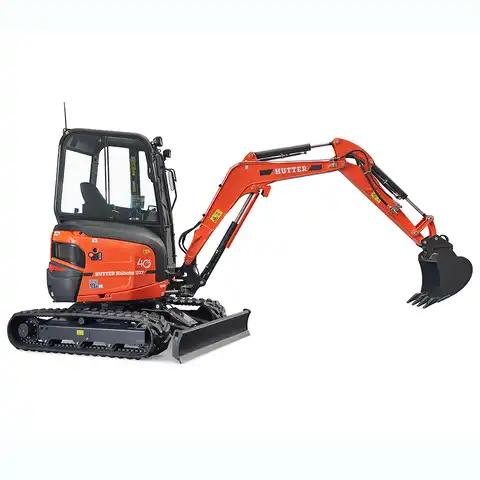 Mini pelle HUTTER Kubota u27, poids cabine 2665 kg, puissance du moteur 21.2 CV, aved godetm, Balancier long de série, Déport arrière nul, Instruments de bord digitaux