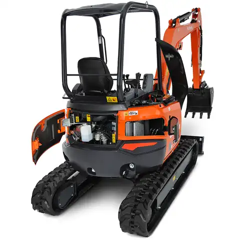 Mini pelle HUTTER Kubota u27, poids toit 2565 kg, puissance du moteur 21.2 CV, aved godetm, Balancier long de série, Déport arrière nul, Instruments de bord digitaux, Système antivol, Siège semi suspendu réglable, Avec commande proportionelle, auto-shift, largeur 150 cm, généreux espace pour les jambes pour un confort maximum du machiniste