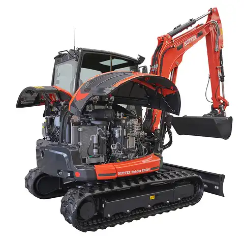 HUTTER Kubota KX060, Raupenbagger mittlere Gewichtsklasse, mit Löffel, 5.6 Tonnen Gewicht, Motorleistung 47.6 PS, Kompaktbagger, geringe Geräuschemission, mit Trackingsystem, LED-Beleuchtung, grosse Glasflächen, Rückfahrkamera, beide Joysticks mit Proportionalsteuerung, intuitive Jog-Dial-Bedienung, farbiger LCD-Bildschirm, Komfortsitz, weit öffnende Wartungshauben