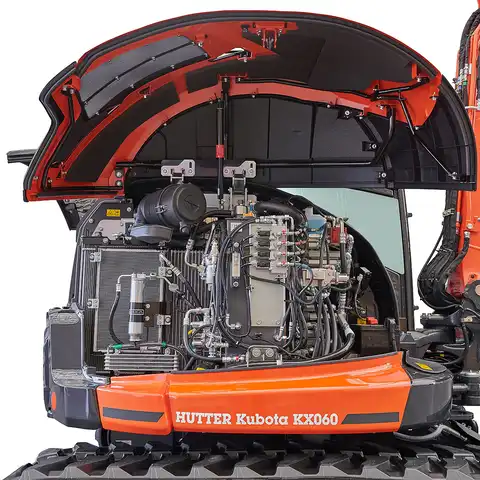 HUTTER Kubota KX060, Raupenbagger mittlere Gewichtsklasse, mit Löffel, 5.6 Tonnen Gewicht, Motorleistung 47.6 PS, Kompaktbagger, geringe Geräuschemission, mit Trackingsystem, LED-Beleuchtung, grosse Glasflächen, Rückfahrkamera, beide Joysticks mit Proportionalsteuerung, intuitive Jog-Dial-Bedienung, farbiger LCD-Bildschirm, Komfortsitz, weit öffnende Wartungshauben, servicefreundlich
