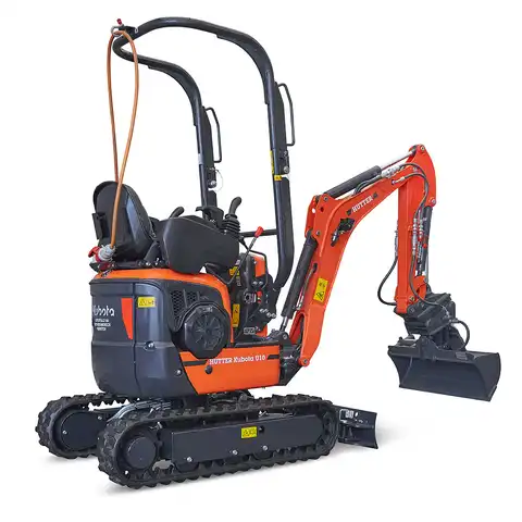pelle électro HUTTER Kubota U10E, poids 1120 kg, Moteur électrique 9 kW, Train de chenilles pouvant s’élargir, Déport arrière nul, Vérin de flèche au dessus de la flèche, Servocommandes hydrauliques, Flexibles hydrauliques intégrés protégés
