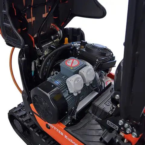 pelle électro HUTTER Kubota U10E, poids 1120 kg, Moteur électrique 9 kW, Train de chenilles pouvant s’élargir, Déport arrière nul, Vérin de flèche au dessus de la flèche, Servocommandes hydrauliques, Flexibles hydrauliques intégrés protégés, Interrupteur de 2ème vitesse, Capot moteur à ouverture totale pour une maintenance simple