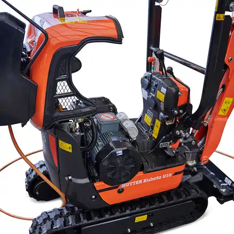 pelle électro HUTTER Kubota U10E, poids 1120 kg, Moteur électrique 9 kW, Train de chenilles pouvant s’élargir, Déport arrière nul, Vérin de flèche au dessus de la flèche, Servocommandes hydrauliques, Flexibles hydrauliques intégrés protégés, Interrupteur de 2ème vitesse, Capot moteur à ouverture totale pour une maintenance simple
